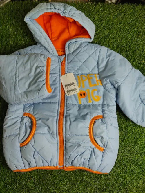 Baby Jacket unisex Winter Season Full sleeve light blue with orange lining puffy hoodie