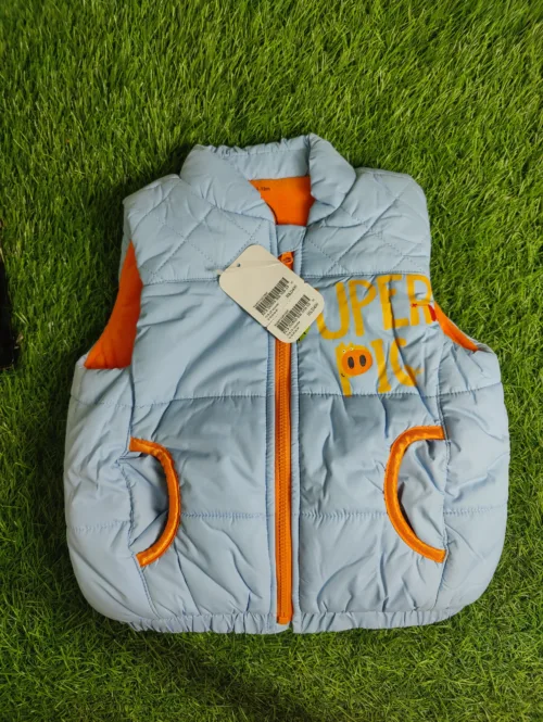 Baby Jacket unisex Winter Season sleeve less light blue with orange lining puffy