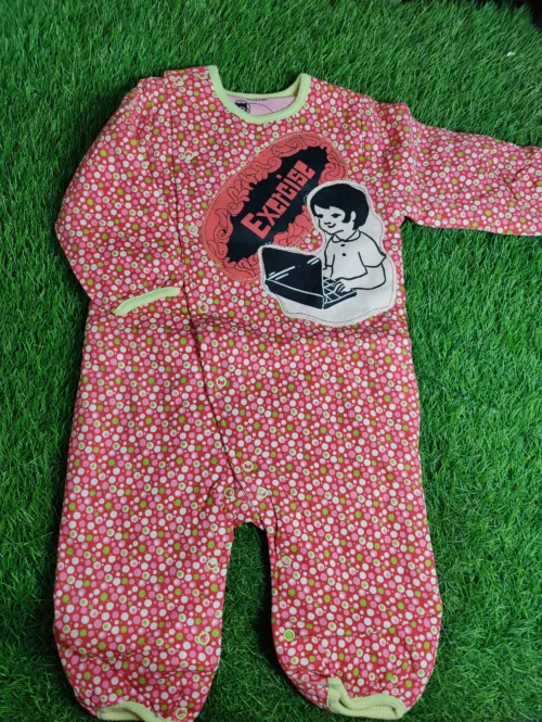 Baby Romper Baby Girl Winter Season full sleeve pink dots with baby on laptop