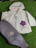 Baby Suite Baby Girl Winter Season full sleeve White shirt Purple Flower with light grey trousers