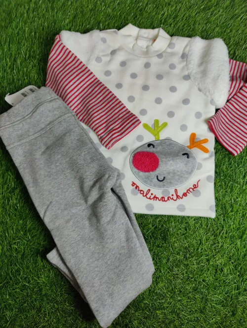 Baby Suite Girl winter Season full sleeve white pink arms shirt with light grey trousers