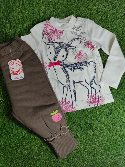 Baby Suite baby Girl winter full sleeve white deer shirt and dark grey trousers