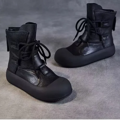 Handmade Retro Roman Ankle Boots for Women Genuine Leather Chunky Platform Short Boots – Trendy Back Zipper Comfort Wear only shoes