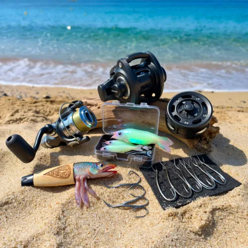 fishing tackle jigs, hooks and rope