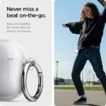 Airpod case cover with keychain and carabiner clipped to a bag strap
